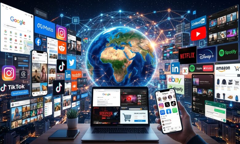 technology and internet facts digital world collage with platforms and global network