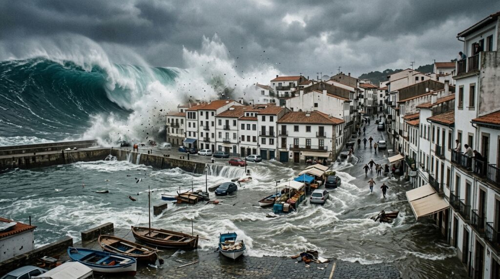 tsunami facts wave flooding coastal town