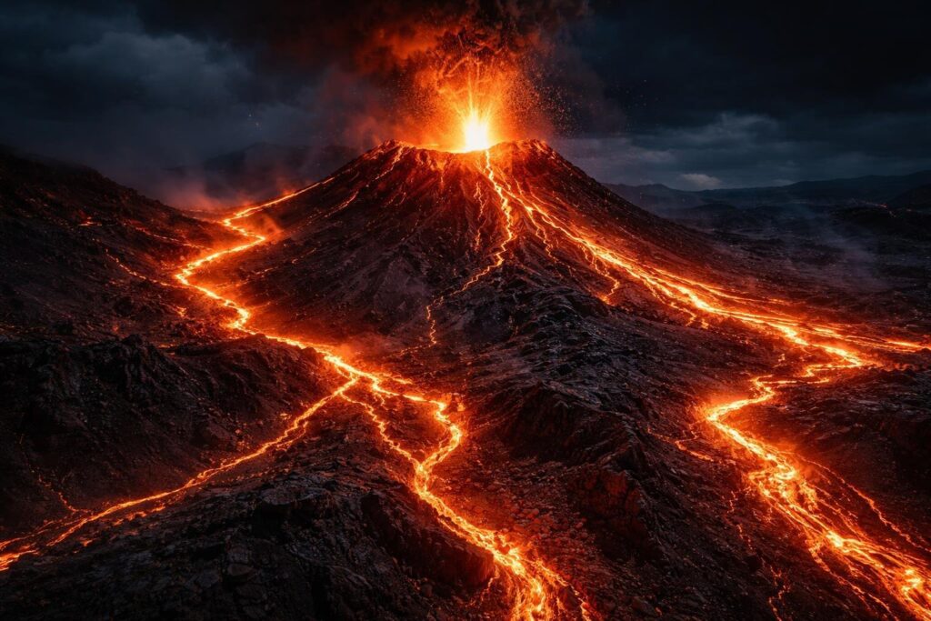 volcano facts glowing lava flow at night